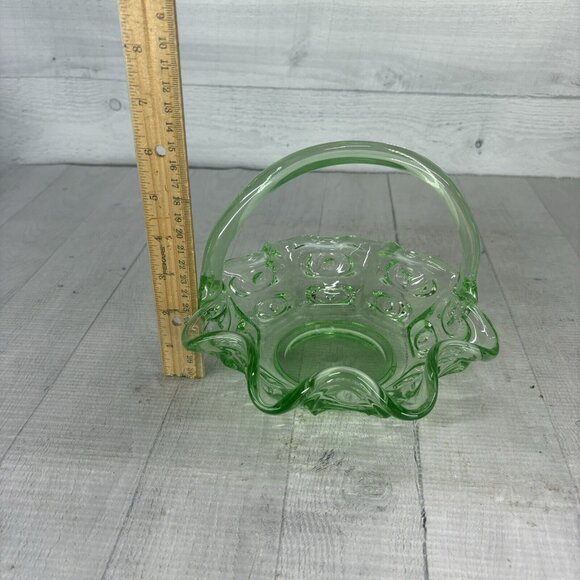 Hand Made SEA MIST GREEN Ruffled Circles Eye Handled Art Glass 7" Tall Basket - Picture 9 of 16